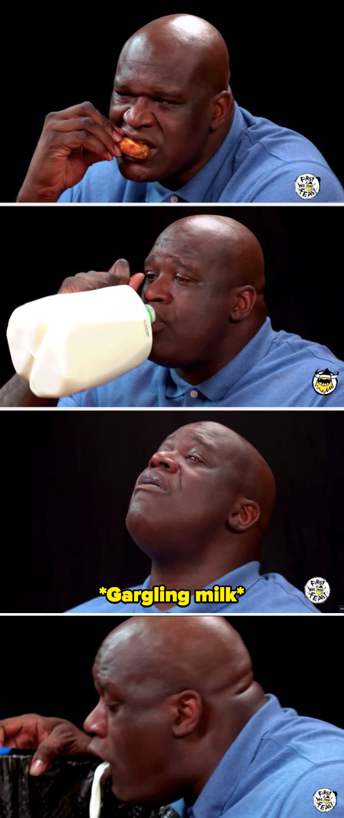 Shaq drinking, gargling, and spitting out milk