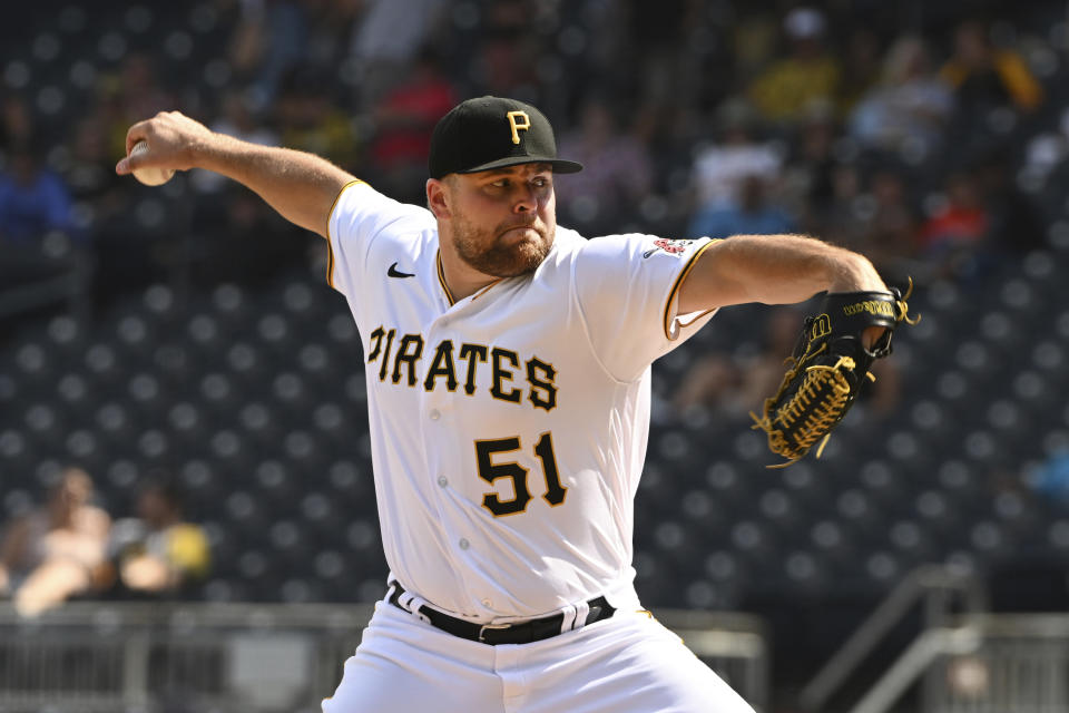 Pittsburgh Pirates relief pitcher David Bednar will return a serious sum if the team decides to replace him with a competitor.  (Associated Press/Barry Rieger)