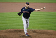 Boston Red Sox starting pitcher Chris Sale delivers a pitch during the first inning of a baseball game against the Baltimore Orioles, Tuesday, Sept. 28, 2021, in Baltimore. (AP Photo/Nick Wass)