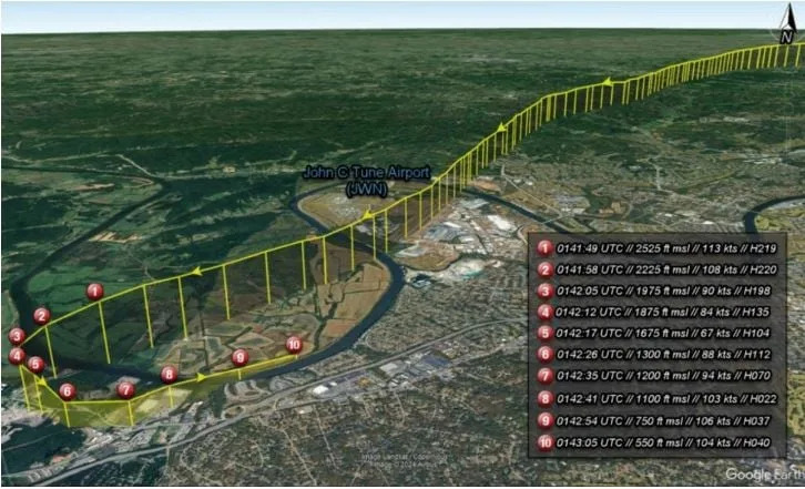 The airplane’s flight track in yellow as it overflew JWM. 