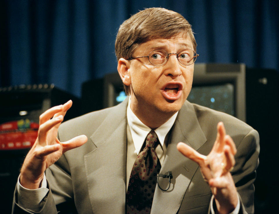 Bill Gates defends Microsoft's decision to sell Windows98 with Internet Explorer.  (Photo by Robert Sorbo/Sygma/Sygma via Getty Images)