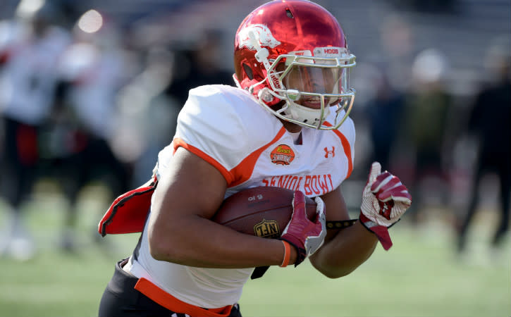 Jan 28, 2016; Mobile, AL, USA; South squad running back Jonathan Williams of Arkansas (32) carries the ball during Senior Bowl practice at Ladd-Peebles Stadium. Mandatory Credit: Glenn Andrews-USA TODAY Sports