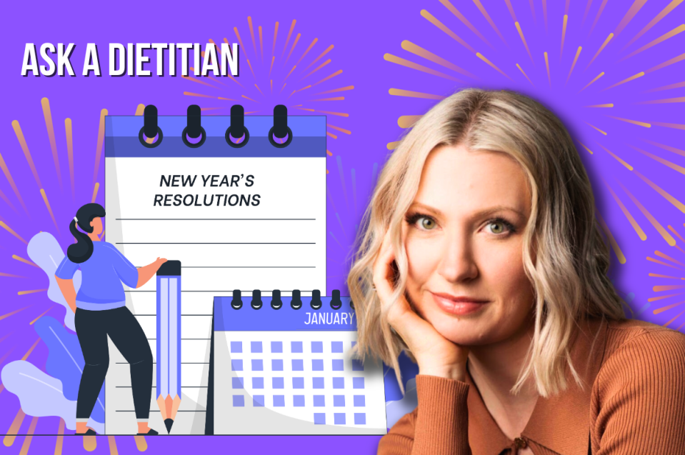 Dietitian Abbey Sharps tells us how to actually stick to New Years resolutions when it comes to health eating. (via Canva)