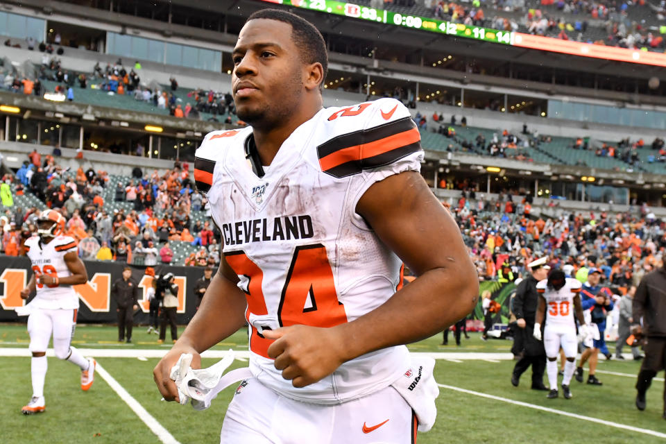 CINCINNATI, OH - DECEMBER 29, 2019: Running back Nick Chubb #24 of the Cleveland Browns runs off the field after a game against the Cincinnati Bengals on December 29, 2019 at Paul Brown Stadium in Cincinnati, Ohio. Cincinnati won 33-23. (Photo by: 2019 Nick Cammett/Diamond Images via Getty Images)