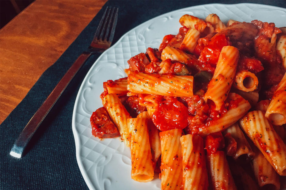 Pasta in tomato sauce on a plate