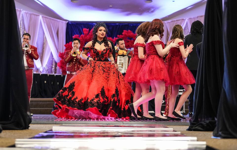 Kimberly Reyna, 16, dances with a group of friends during her quinceañera on Saturday, April 8, 2023 at Grand Hall in Indianapolis.