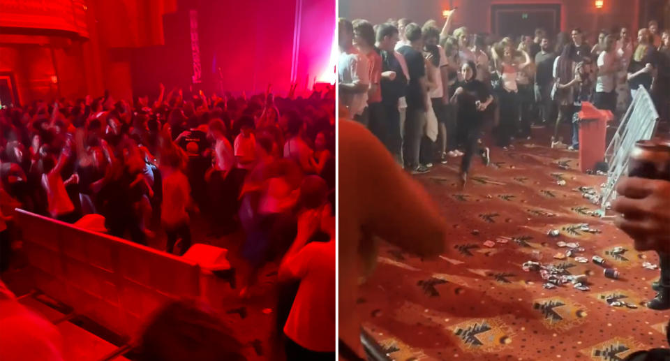 The crowd is seen dancing as the floor of the Sydney venue collapses. The carpet bounces as people walk on it. 