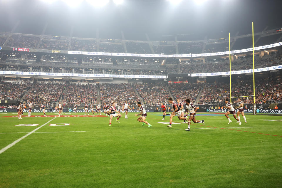 The Sydney Roosters and Brisbane Broncos, pictured here at Allegiant Stadium in Las Vegas.