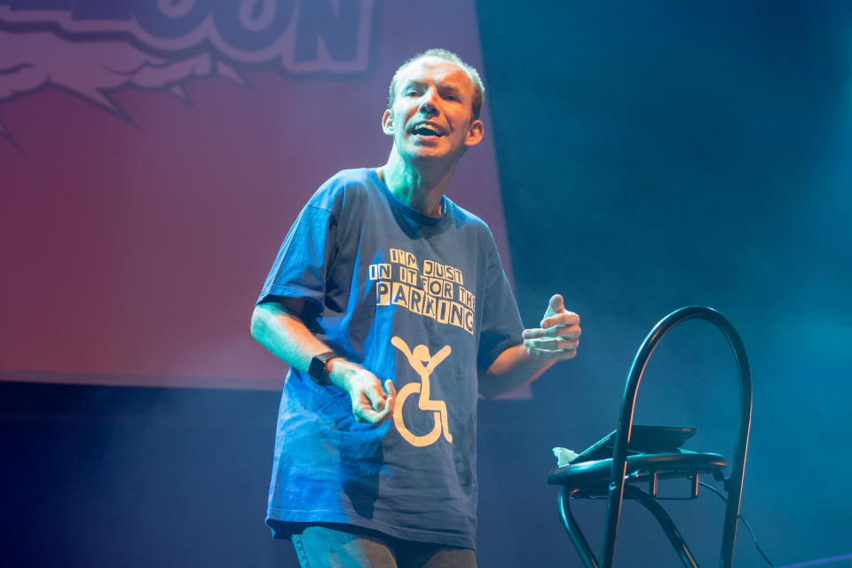 Lee Ridley aka Lost Voice Guy performs on stage during Gilded Balloon 2018 Press Party, as part of the annual Edinburgh Fringe Festival, at Teviot Row House on August 2, 2018 in Edinburgh, Scotland.  (Photo by Roberto Ricciuti/Getty Images)