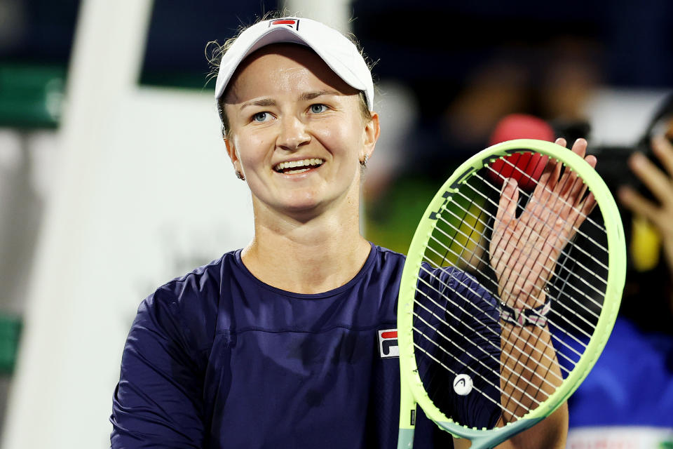 Seen here, Barbora Krejcikova celebrates after beating Aryna Sabalenka in Dubai.