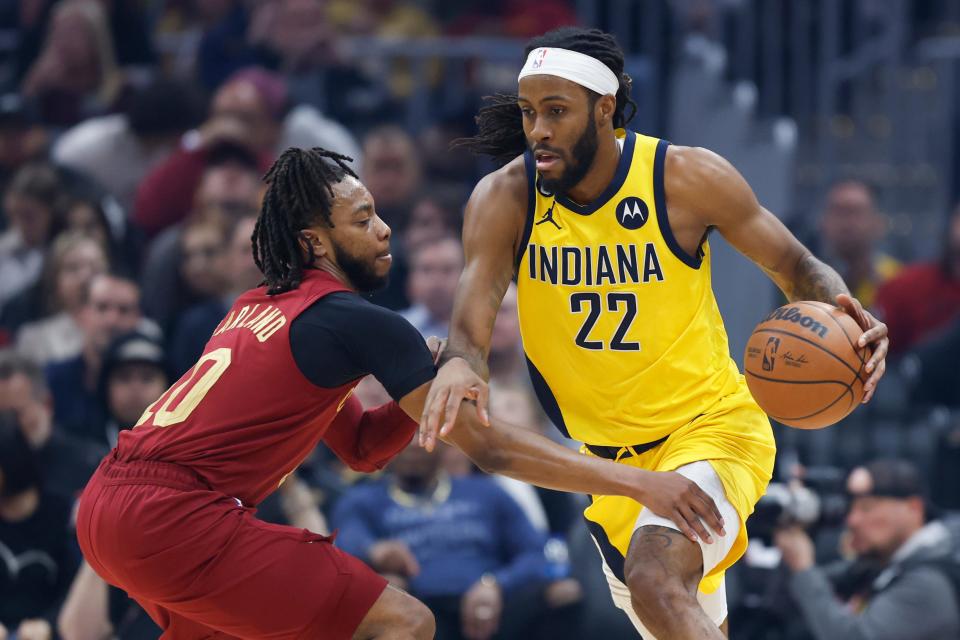 Indiana Pacers forward Isaiah Jackson (22) drives against Cleveland Cavaliers guard Darius Garland (10) during the first half Sunday, April 2, 2023, in Cleveland.