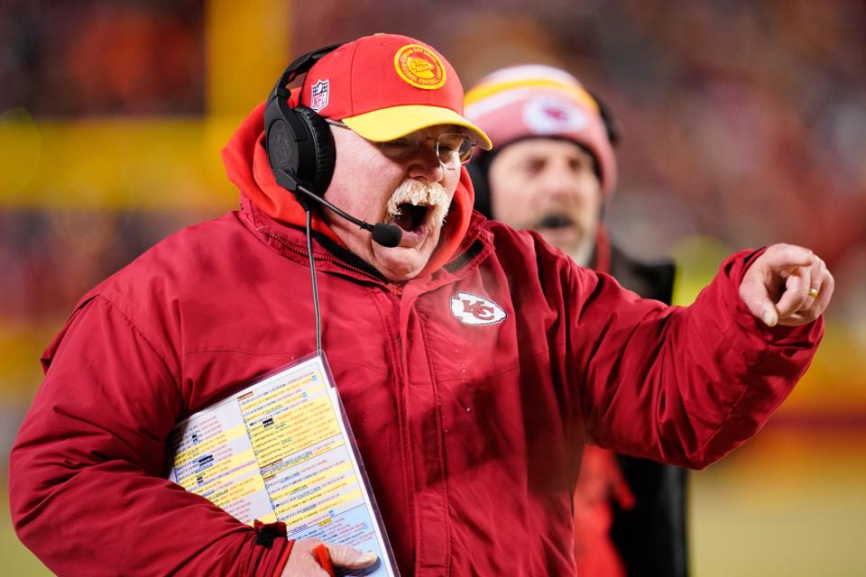 Kansas City Chiefs head coach Andy Reid watches game action against the Miami Dolphins during the first half of the 2024 AFC wild card game at GEHA Field at Arrowhead Stadium in Kansas City, Missouri. (Mandatory Credit: Jay Biggerstaff-USA TODAY Sports)