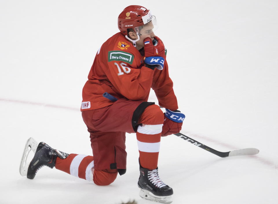 Russia's Pavel Shen reacts to the team's loss to the United States in a world junior hockey championships semifinal in Vancouver, British Columbia, Friday, Jan. 4, 2019. (Jonathan Hayward/The Canadian Press via AP)