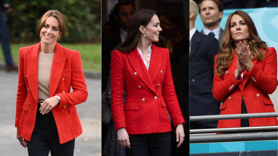 kate middleton wearing red tweed double breasted zara blazer jacket, Kate Middleton's red Zara blazer is quickly becoming one of her go-to styles (Getty Images).