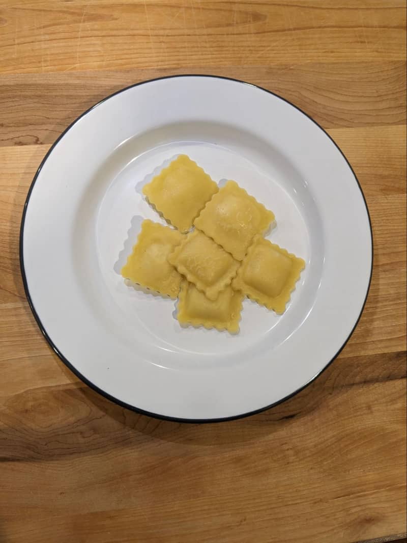 Plated cooked ravioli.