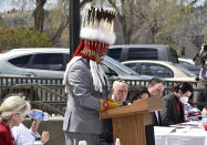 Marvin Weatherwax, state House member and business council member of the Blackfeet tribe, addresses a crowd gathered to honor missing and murdered indigenous people in front of the Montana state Capitol in Helena, Mont., Wednesday, May 5, 2021. From Washington to Indigenous communities across the American Southwest, top government officials, family members and advocates gathered Wednesday as part of a call to action to address the ongoing problem of violence against Indigenous women and children. (AP Photo/Iris Samuels)