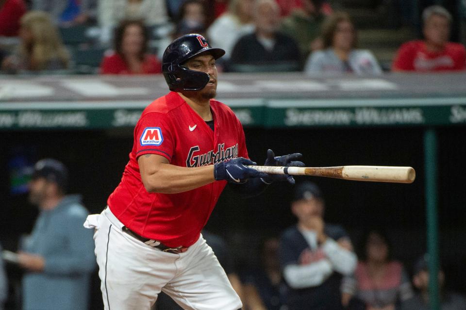 Cleveland Guardians' Josh Naylor watches his single off Texas Rangers relief pitcher Martin Perez on Saturday in Cleveland.