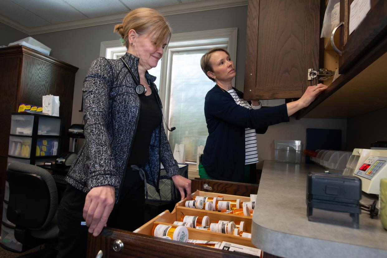 Having their own mini pharmacy and using a membership model sets Oasis Family Medicine apart from other traditional health care facilities as co-owners Holly Coby, APRN, left, and physician Jennifer Harader show off aspects of their clinic Monday.