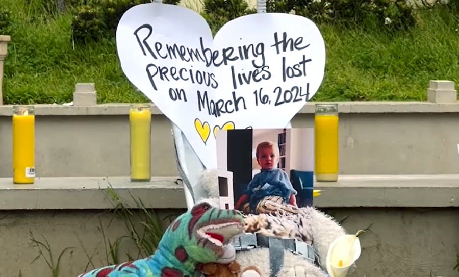 Photographs of the bus stop victims, stuffed animals, and candles are seen at a memorial on March 18, 2024. (KRON4 Photo)