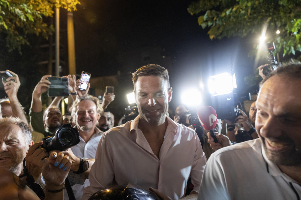 Stefanos Kasselakis, newly elected leader of main opposition party Syriza, arrives at the party's headquarters in Athens, Greece, Monday, Sept. 25, 2023, after a runoff election for the left-wing bloc. (AP Photo/Yorgos Karahalis)