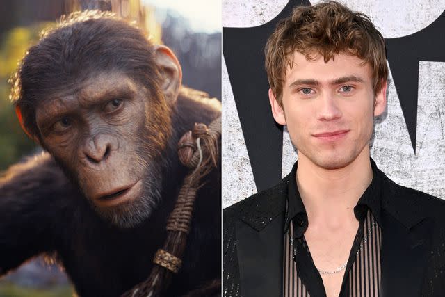 <p>courtesy 20th Century Studios; Axelle/Bauer-Griffin/FilmMagic</p> (Left-right:) Owen Teague in 'Kingdom of the Planet of the Apes'; on May 2