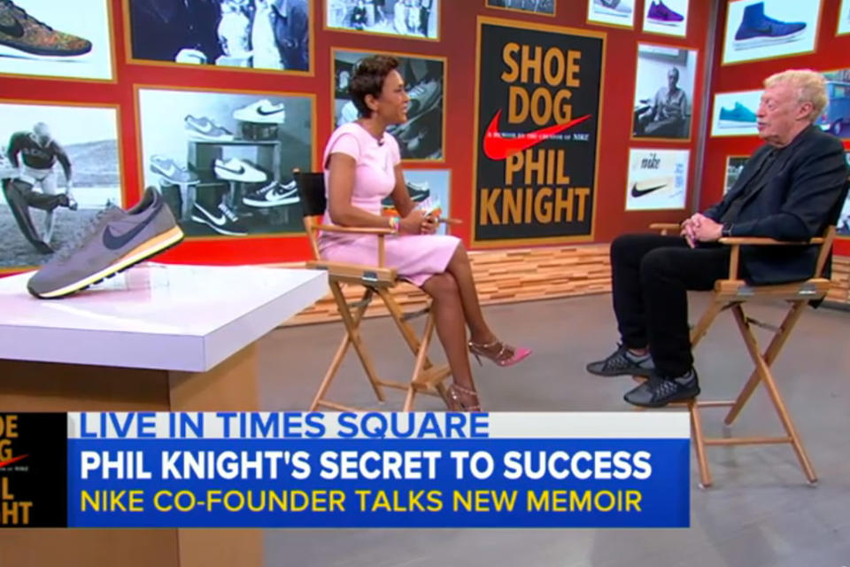 Robin Roberts with Nike co-founder Phil Knight on “Good Morning America.” - Credit: Courtesy of YouTube.