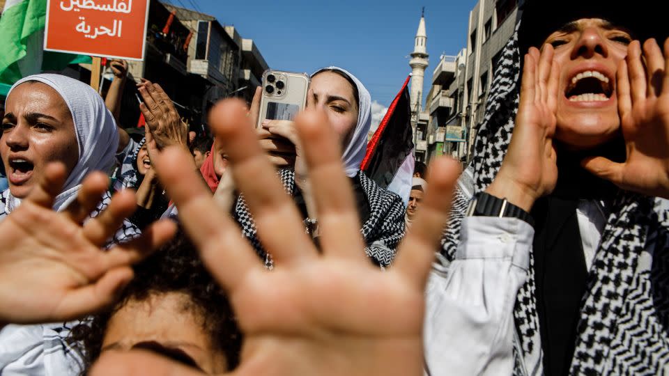 Protesters shout during a pro-Palestinian demonstration in Amman, Jordan on Friday. - Annie Sakkab/Bloomberg/Getty Images