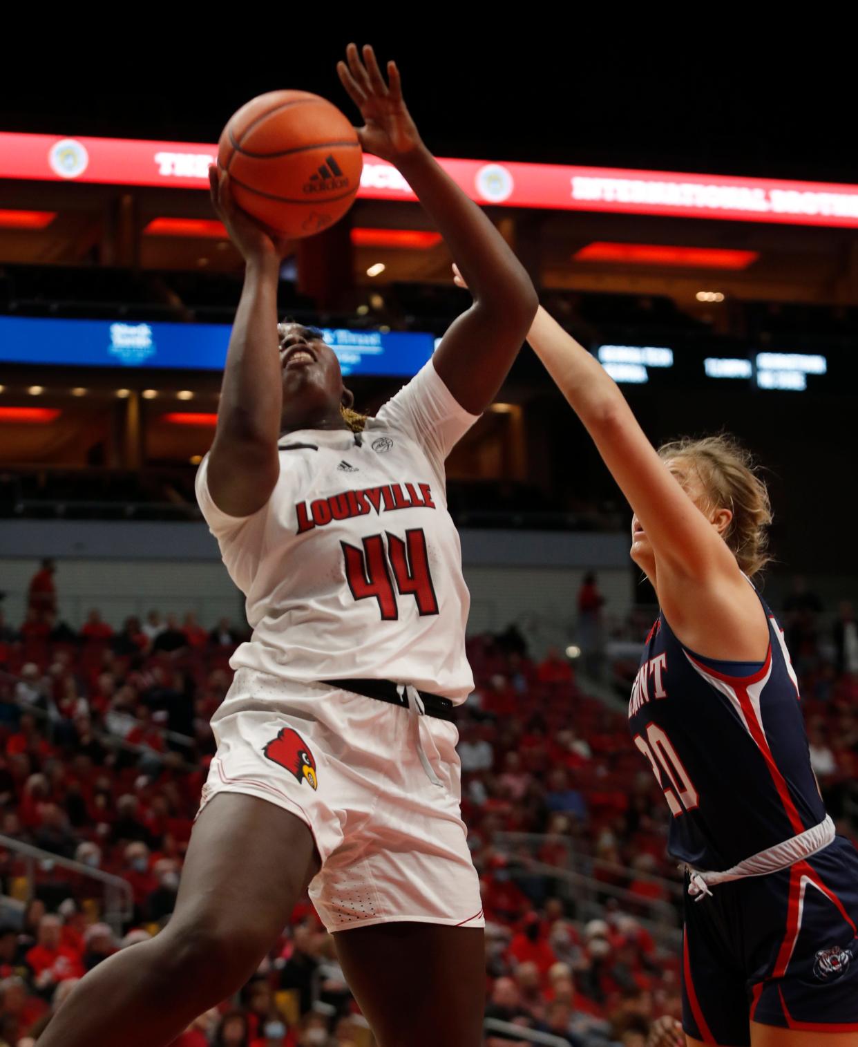 Louisville’s Olivia Cochran goes up for two against Belmont’s Conley Chinn.Dec. 5, 2021