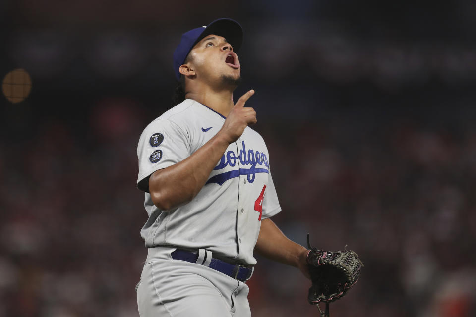 Los Angeles Dodgers pitcher Brusdar Graterol reacts after striking out San Francisco Giants' Logan Webb during the second inning of Game 5 of a baseball National League Division Series Thursday, Oct. 14, 2021, in San Francisco. (AP Photo/Jed Jacobsohn)