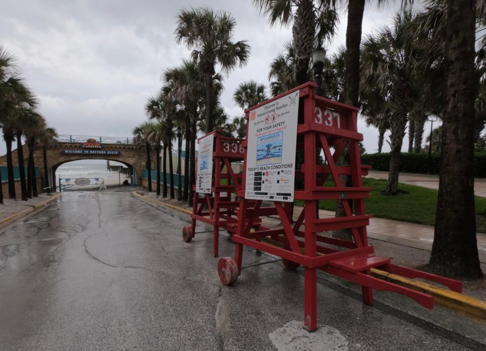 Lifeguard towers line the entrance to Daytona Beach on Wednesday. The impact of Hurricane Idalia was relatively minor in Volusia and Flagler counties.