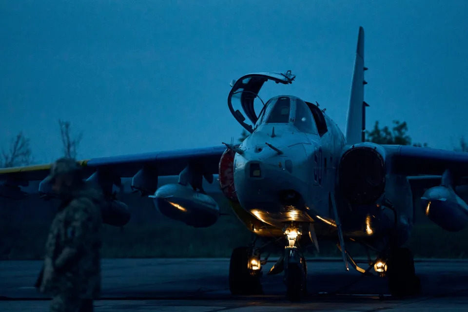 In this photo taken on Friday, May 5, 2023, A Su-25 ground attack jet of the Ukrainian air force is seen after a mission over Donetsk region, Ukraine.