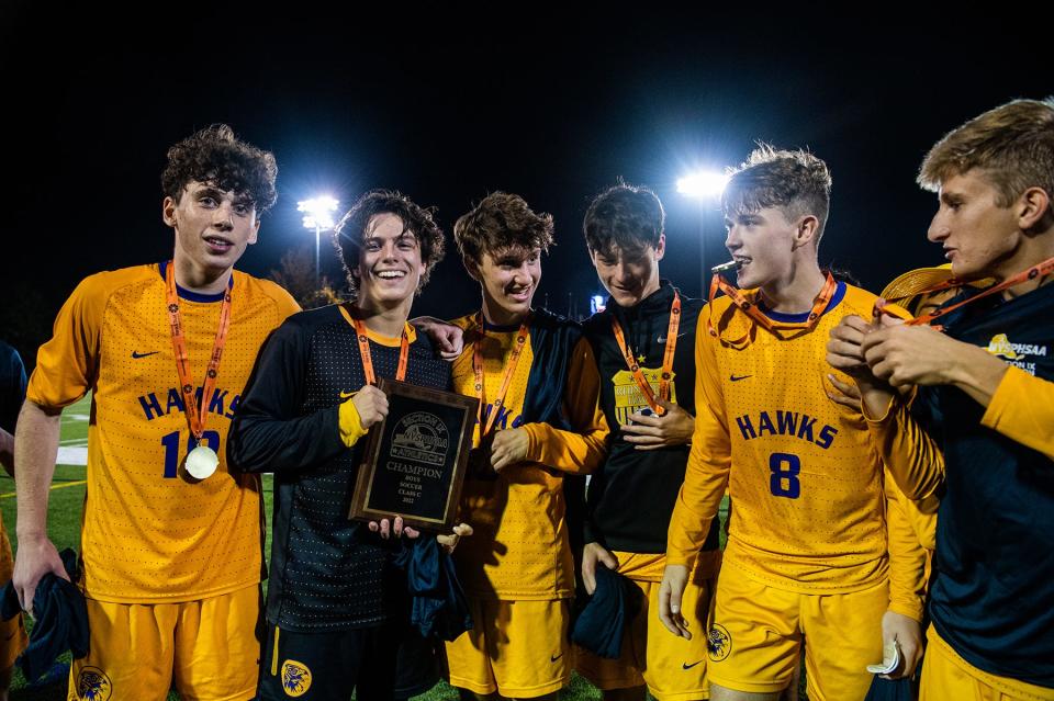 Rhinebeck celebrates their win during the Section 9 class C boys soccer championship game in Middletown, NY on Tuesday, October 25, 2022. Rhinebeck defeated Mount Academy 1-0 in double overtime. KELLY MARSH/FOR THE TIMES HERALD-RECORD