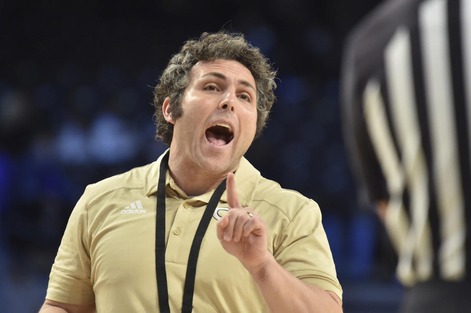 FILE -Georgia Tech coach Josh Pastner appeals to a referee during the second half of the team's NCAA college basketball game against Duke on Tuesday, March 2, 2021, in Atlanta. Pastner and the Yellow Jackets are hoping to move past a poor 2021-22 season. (Hyosub Shin/Atlanta Journal-Constitution via AP, File)