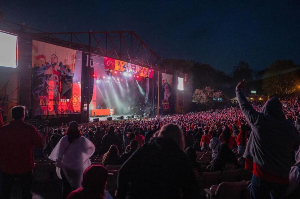 Fans cheer while watching Tech N9ne perform during Kelce Jam at the Azura Amphitheater on Friday, April 28, 2023, in Bonner Springs.