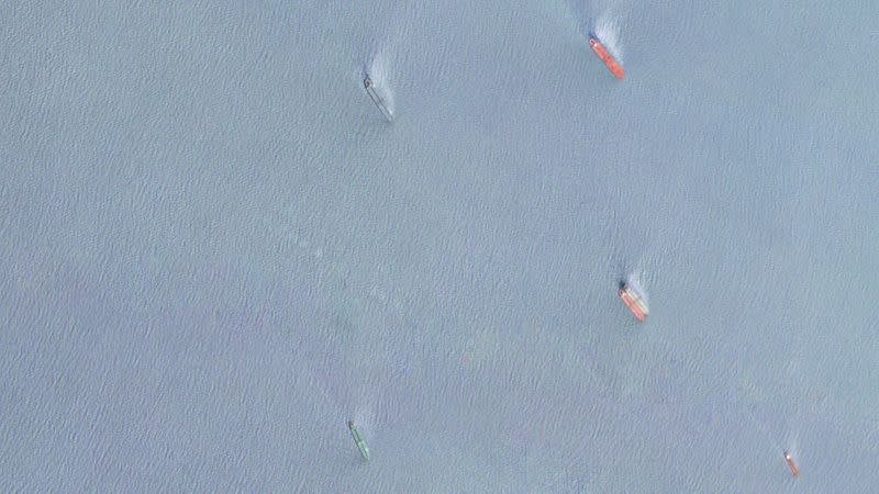 Handout satellite image of tanker ready to transfer crude oil in Straits of Malacca
