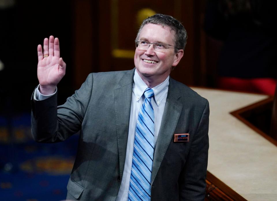 Feb 7, 2023; Washington, DC, USA; Rep. Thomas Massie, R-KY, arrives ahead of the State of the Union address from the House chamber of the United States Capitol in Washington.