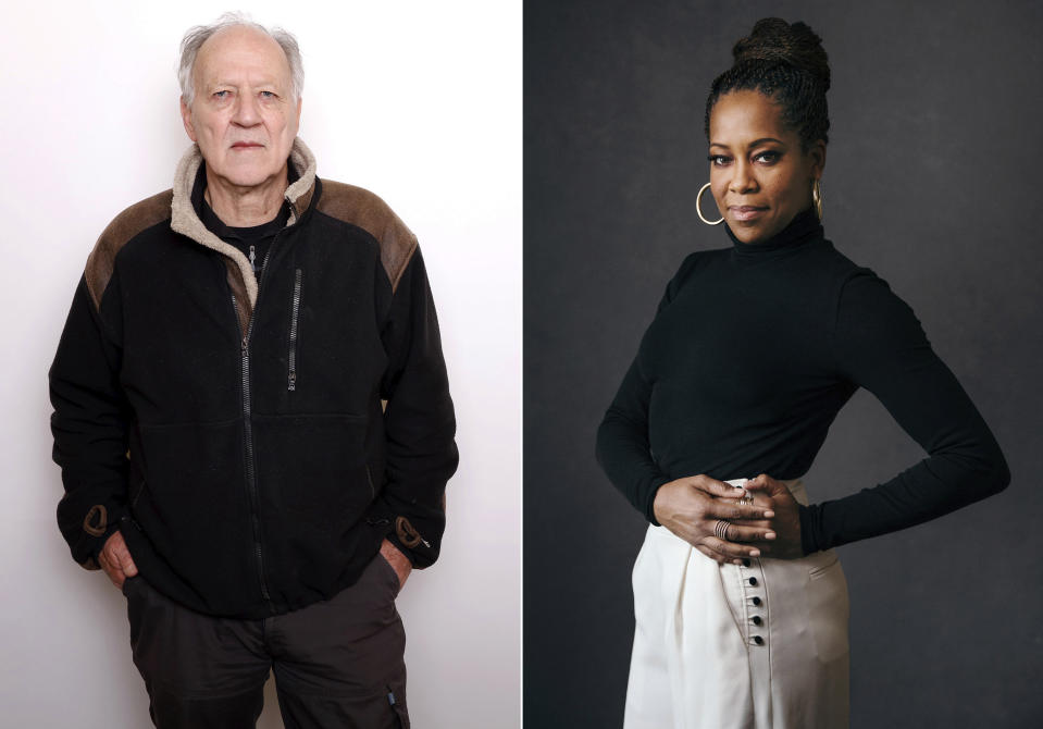 This combination photo shows actor-director Werner Herzog, left, and actress-director Regina King. The Toronto International Film Festival on Thursday unveiled a lineup featuring the directorial debut of Regina King and the latest documentary from Herzog. King directs a drama about a young Muhammad Ali, then Cassius Clay, titled “One Night in Miami,” and Herzog and Clive Oppenheimer have a meteorite documentary called “Fireball: Visitors from Darker Worlds." The festival, which is set to run Sept. 10-19, has plotted a largely virtual 45th edition due to the pandemic. (AP Photo)