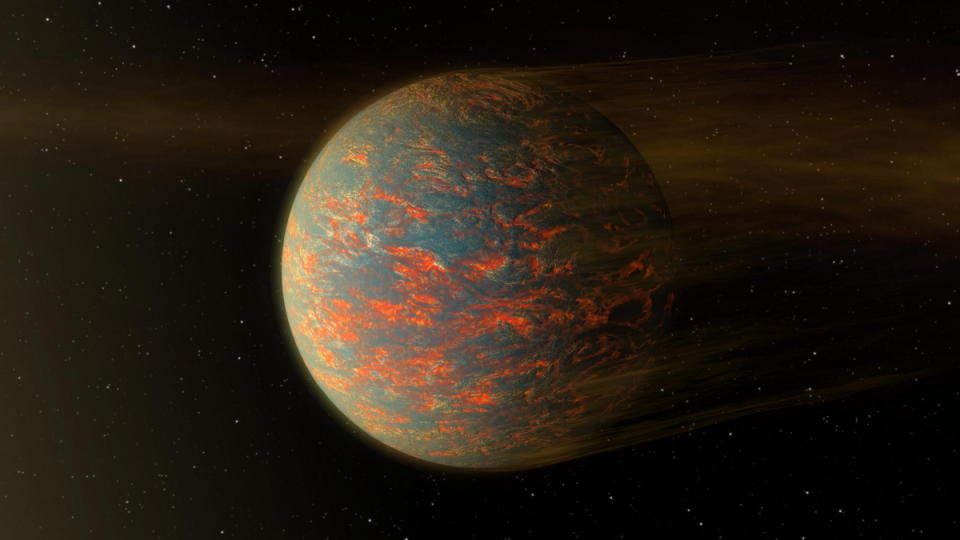 A blue-gray and orange exoplanet seen with a trailing, wispy atmosphere.
