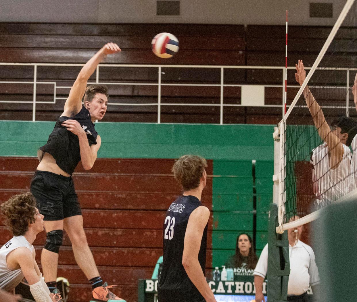 Hononegah's Braydon Savitski Lynde hits the ball against Fox Lake Grant in the Boylan Regional finals on Thursday.