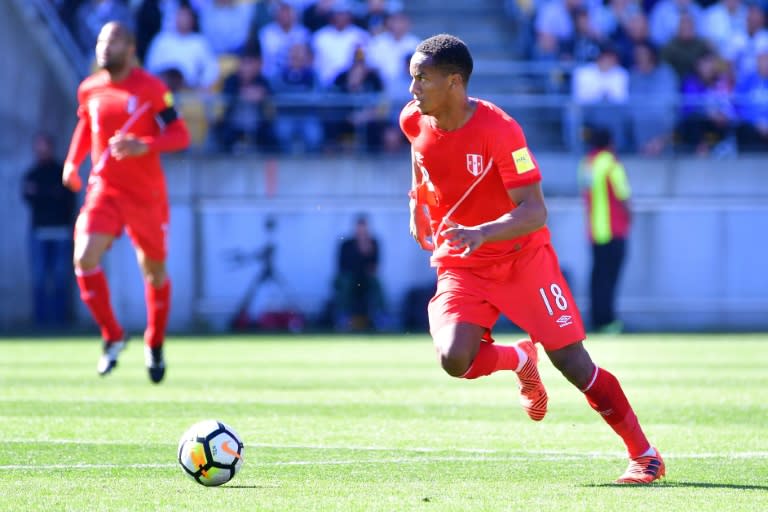 Peru's Andre Carrillo controls the ball during their FIFA 2018 World Cup qualifying first leg match against New Zealand, at Westpac Stadium in Wellington, on November 11, 2017