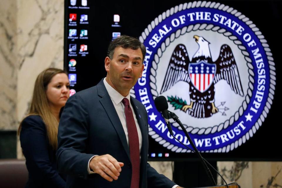 Secretary of State Michael Watson, gives members of the Senate and House Elections Committees an overview of upcoming COVID-19 precautions that will be undertaken by election bailiffs statewide during a joint hearing at the Mississippi State Capitol in Jackson, Miss., Wednesday, June 3, 2020. Watson gave a briefing Tuesday to discuss the new regulations.