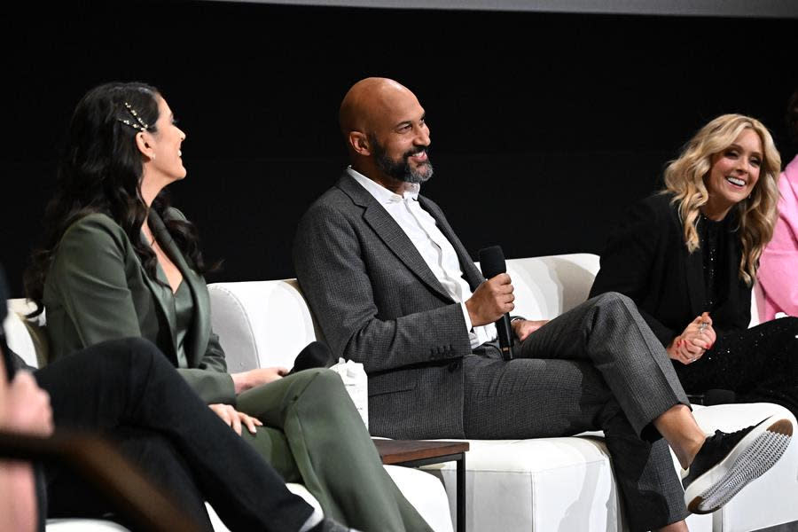 Cast members Cecily Strong, Keegan-Michael Key and Jane Krakowski crack each other up during the panel at the premiere for “Schmigadoon!” Season 2. (Eric Charbonneau for Apple TV+)