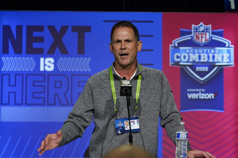 Jacksonville Jaguars general manager Trent Baalke speaks during a press conference at the NFL football scouting combine in Indianapolis, Tuesday, March 1, 2022. (AP Photo/Michael Conroy)