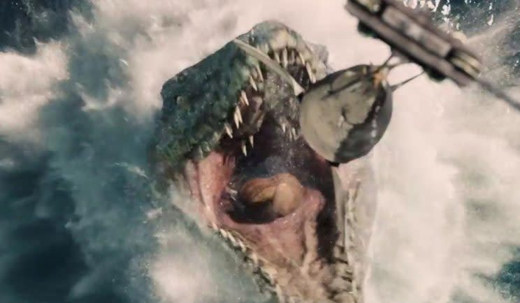 A Mosasaurus nabs a bite in Jurassic World - Credit: Universal Pictures