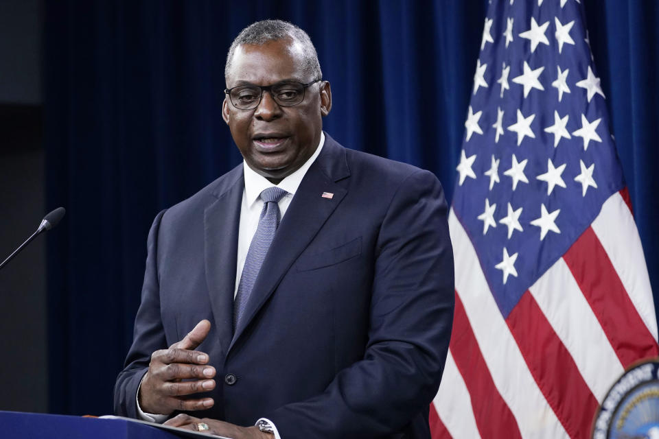 Secretary of Defense Lloyd Austin speaks during a briefing at the Pentagon in Washington, Wednesday, Sept. 1, 2021, about the end of the war in Afghanistan. (AP Photo/Susan Walsh)