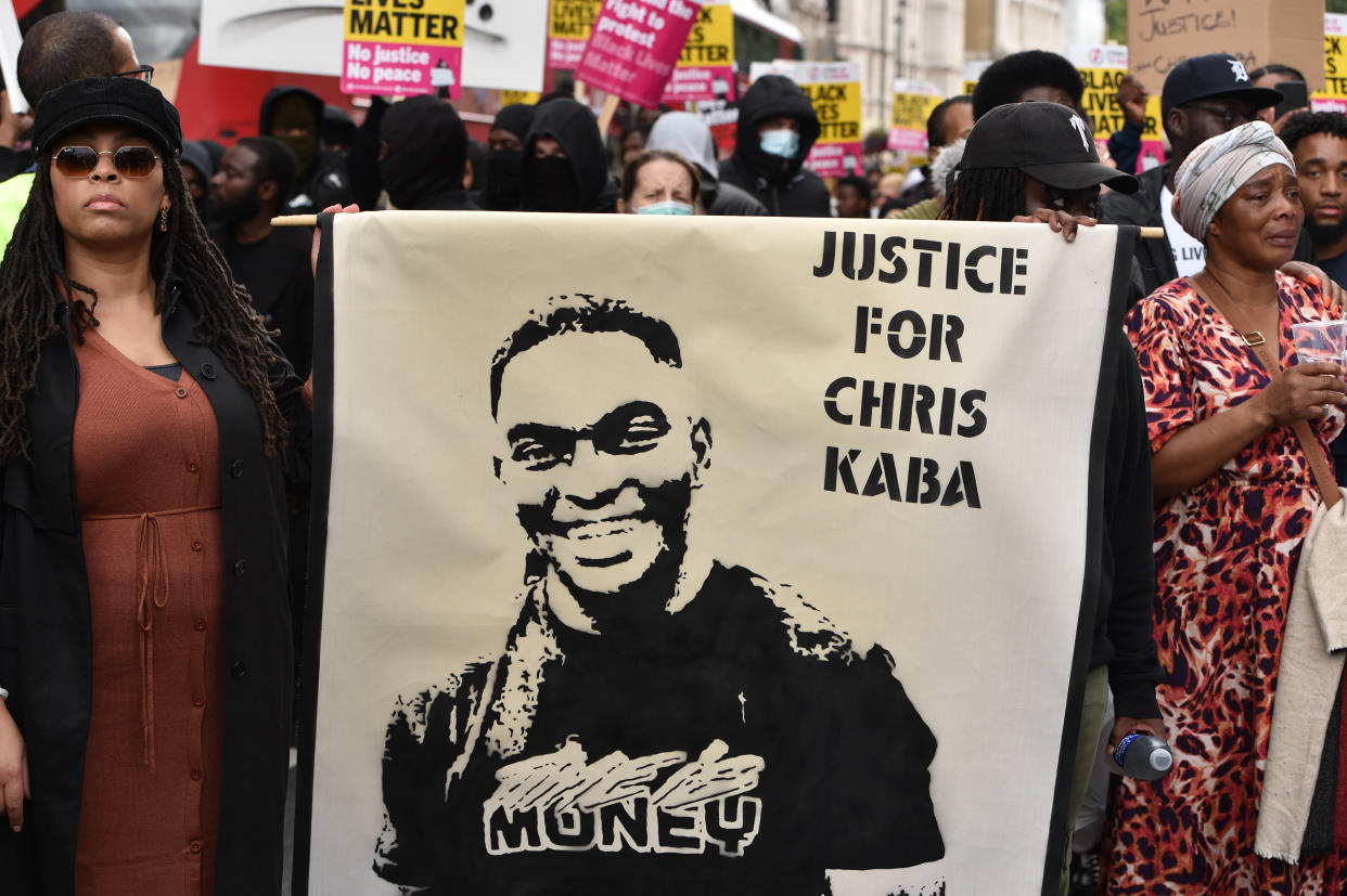 LONDON, UNITED KINGDOM - 2022/09/10: Protesters hold a banner during the demonstration. Thousands of Black Lives Matter protesters demonstrated in central London, rallying for justice for Chris Kaba, a 24 year old black man who was fatally shot by the police in South London. (Photo by Thomas Krych/SOPA Images/LightRocket via Getty Images)