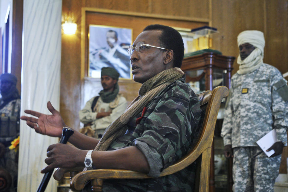 FILE - In this Wednesday, Feb. 6, 2008 file photo, Chadian President Idriss Deby Itno addresses a news conference at the Presidential Palace in N'Djamena, Chad. Deby, who ruled the central African nation for more than three decades, was killed on the battlefield Tuesday, April 20, 2021 in a fight against rebels, the military announced on national television and radio. (AP Photo/Jerome Delay, File)