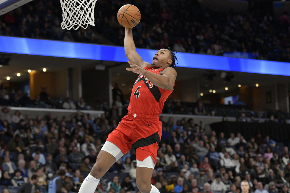 Toronto Raptors forward Scottie Barnes dunks during the second half of the team's NBA basketball game against the Memphis Grizzlies on Wednesday, Jan. 3, 2024, in Memphis, Tenn. (AP Photo/Brandon Dill)