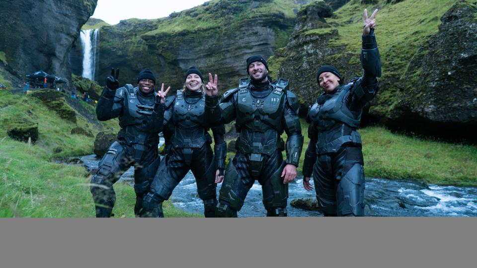 Members of the Halo season 2 cast on location in Iceland in costume as UNSC Spartans