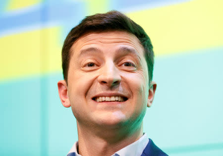 FILE PHOTO: Ukrainian presidential candidate Volodymyr Zelenskiy reacts during a news conference at his campaign headquarters following a presidential election in Kiev, Ukraine April 21, 2019. REUTERS/Valentyn Ogirenko/File Photo
